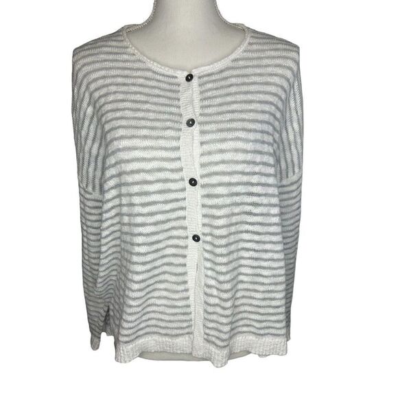 Eileen Fisher Button Cardigan Size Small Petite White Grey Striped - Picture 1 of 6